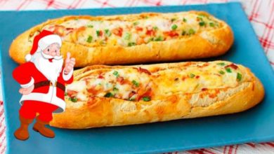 Французский багет, запечённый с грибами, ветчиной и сыром